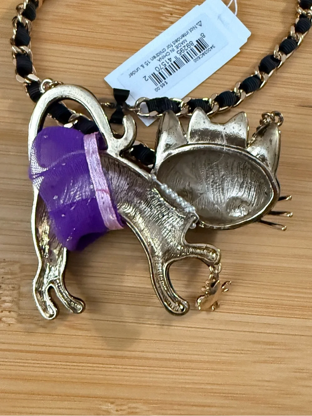 Betsey Johnson Black Cat Necklace with Purple Skirt & Yellow Eyes